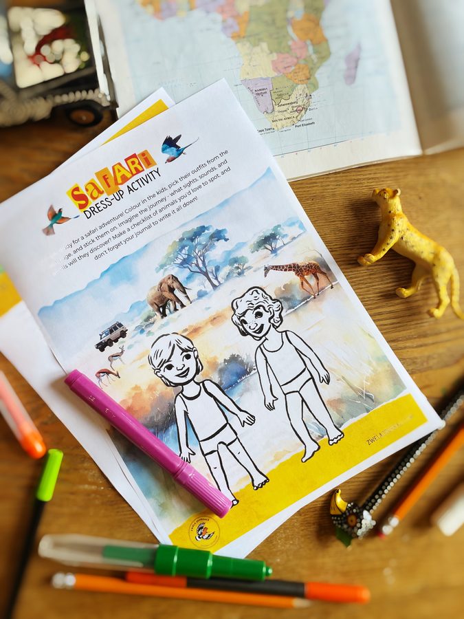 The free safari dress-up activity printable surrounded by felt tip pens