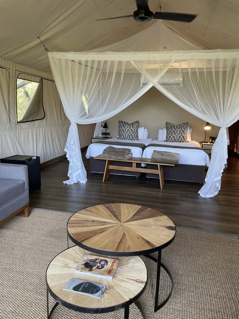 Interior of a luxury safari tent at Mdluli Safari Lodge in Kruger National Park