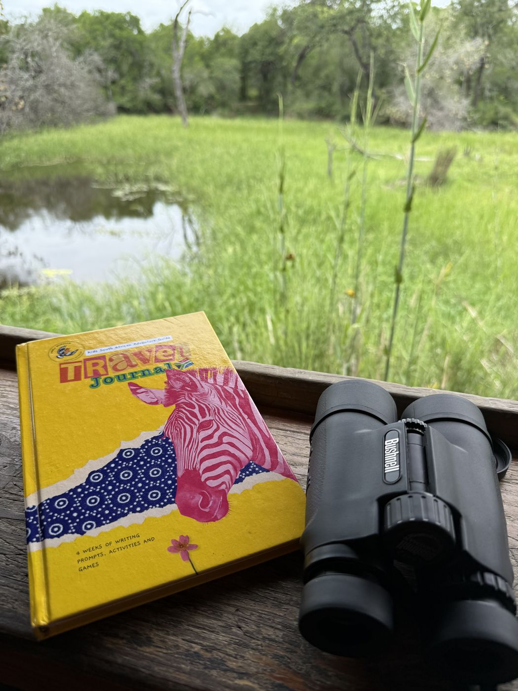 The Zwela South African Travel Journal and a pair of binoculars on a railing overlooking a waterhole